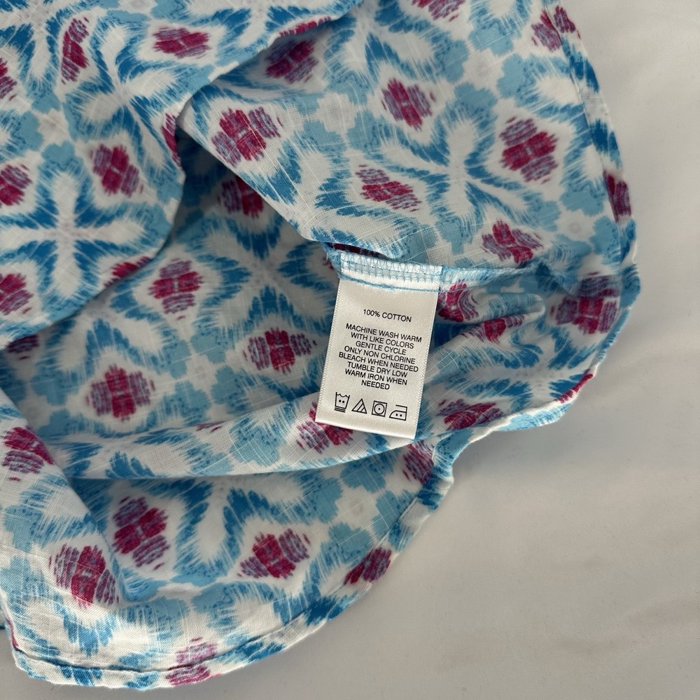 Foxcroft Sz 8 Blue Pink Ikat Blouse Wrinkle Free V Neck Tunic Top 3/4 Tulip Cuff - Picture 5 of 7